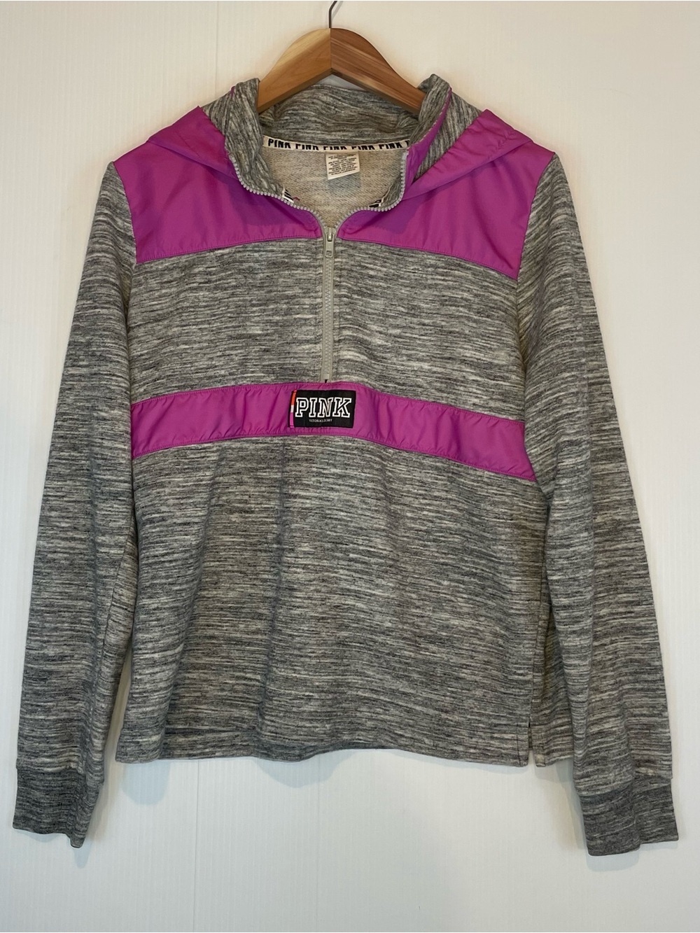 PINK Victoria's Secret Gray Heather Half-Zip Hoodie with Purple Panels